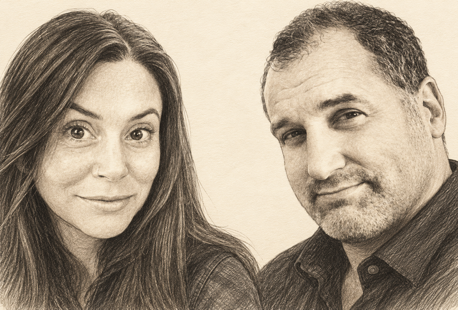 Pencil illustration of Abby Somers and Jordan Carlton Schaul