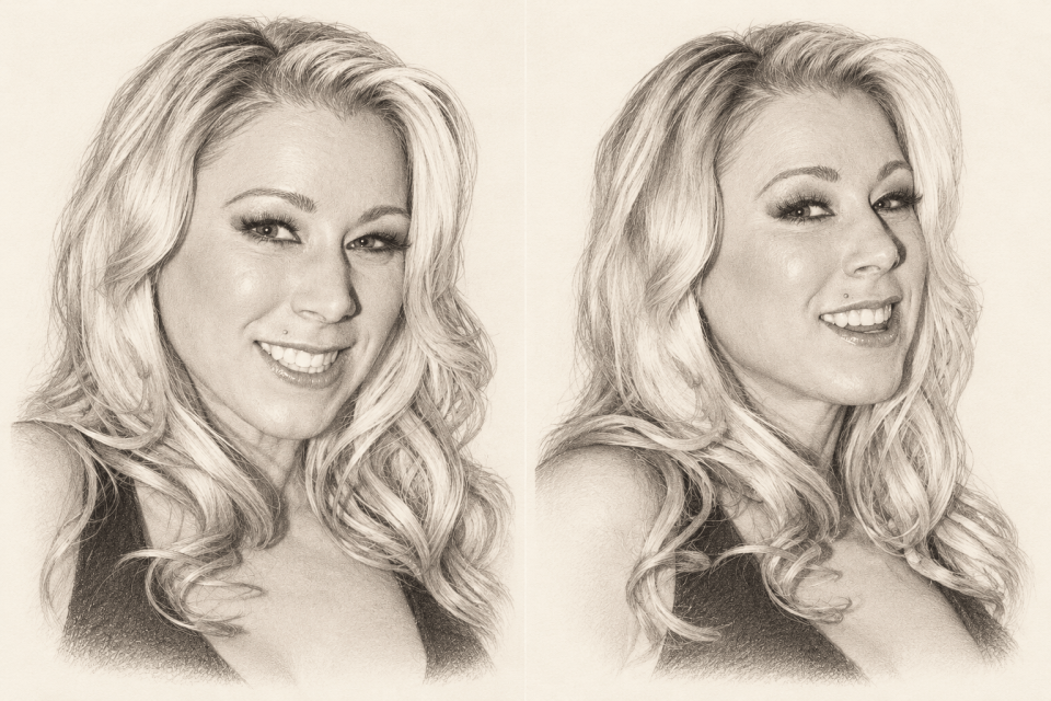 Two smiling graphite portraits of Katie Morgan based on event photographs