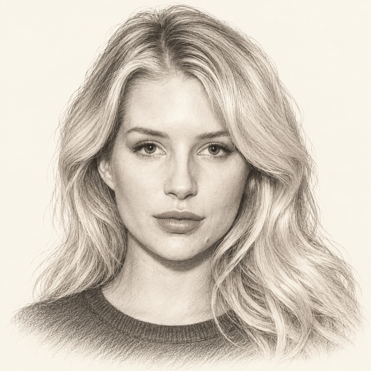 Pencil illustration of Lottie Moss