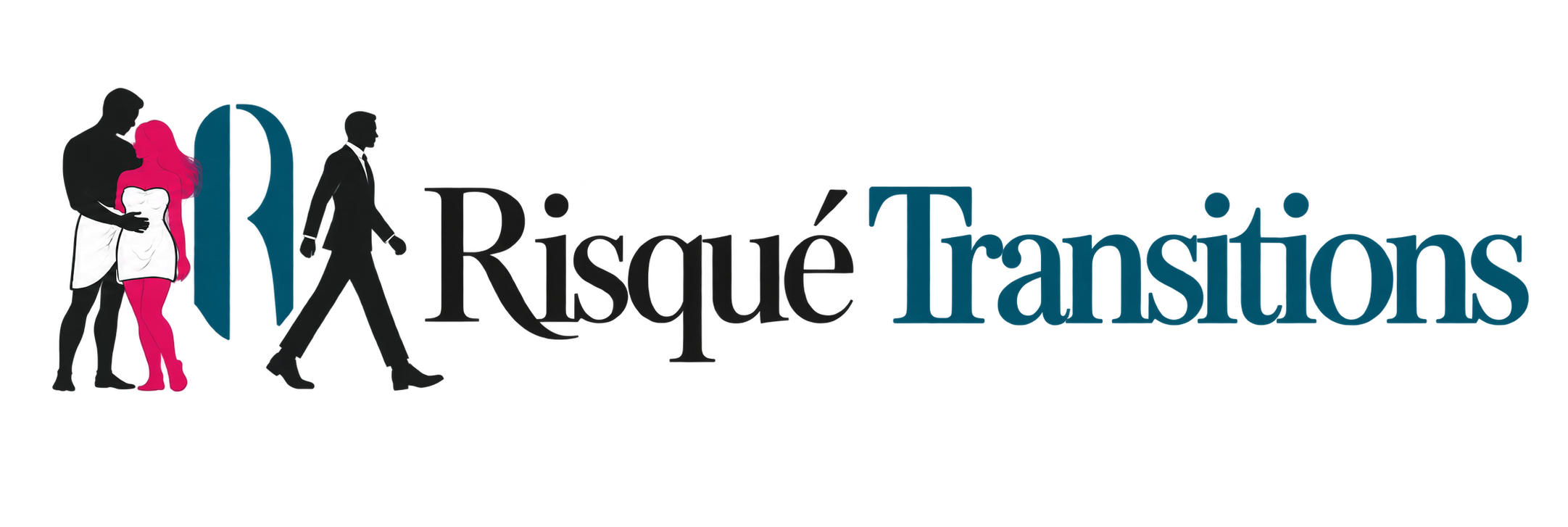 Risqué Transitions: embracing couple on the left, with a suited man walking forward on the right