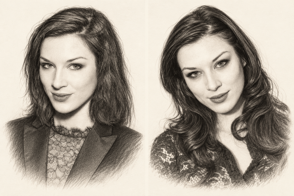 Two graphite portraits of Stoya adapted from event photographs